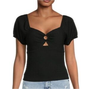 No Boundaries Juniors Pucker Knit Textured Top with O-Ring Black Size XL (15-17)